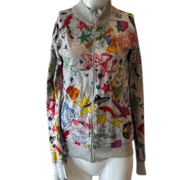 Desigual Artsy Gray Multi Zippered Cotton Knit Jacket Size Medium - Picture 6 of 12